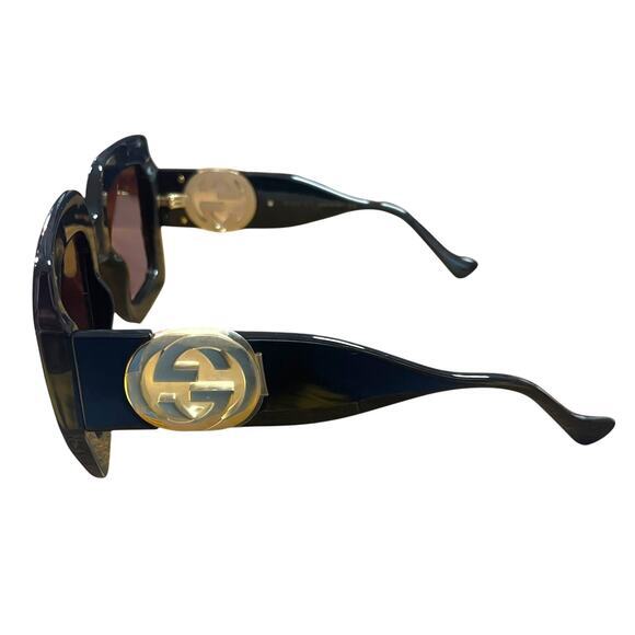 Gucci Oversized Black Square Sunglasses Brown Lens Gold Hardware‎ Chain Case New - Picture 2 of 8